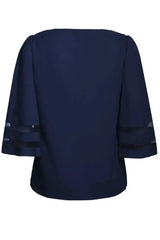 Navy Blue Flare Sleeve V Neck Loose Women's Chiffon Blouse - Femstylo