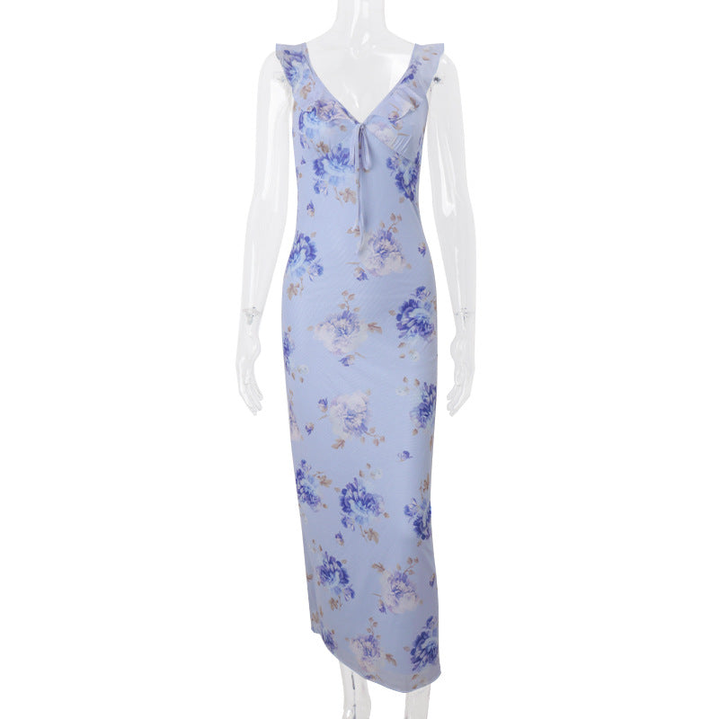 Yellow Floral Maxi Dress | Retro V-Neck Summer Party Gown -femstylo
