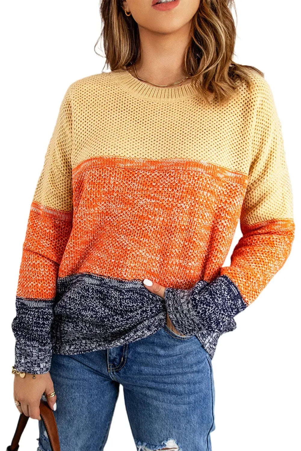 Orange Blue Color Block Sweater - Femstylo