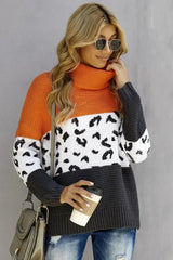 Orange Color Block Turtleneck Splicing Chunky Knit Pullover Sweater - Femstylo