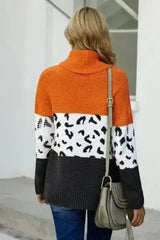 Orange Color Block Turtleneck Splicing Chunky Knit Pullover Sweater - Femstylo