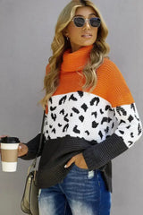 Orange Color Block Turtleneck Splicing Chunky Knit Pullover Sweater - Femstylo