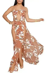 Orange Floral Cutout Slit Legs Strapless Jumpsuit - Femstylo