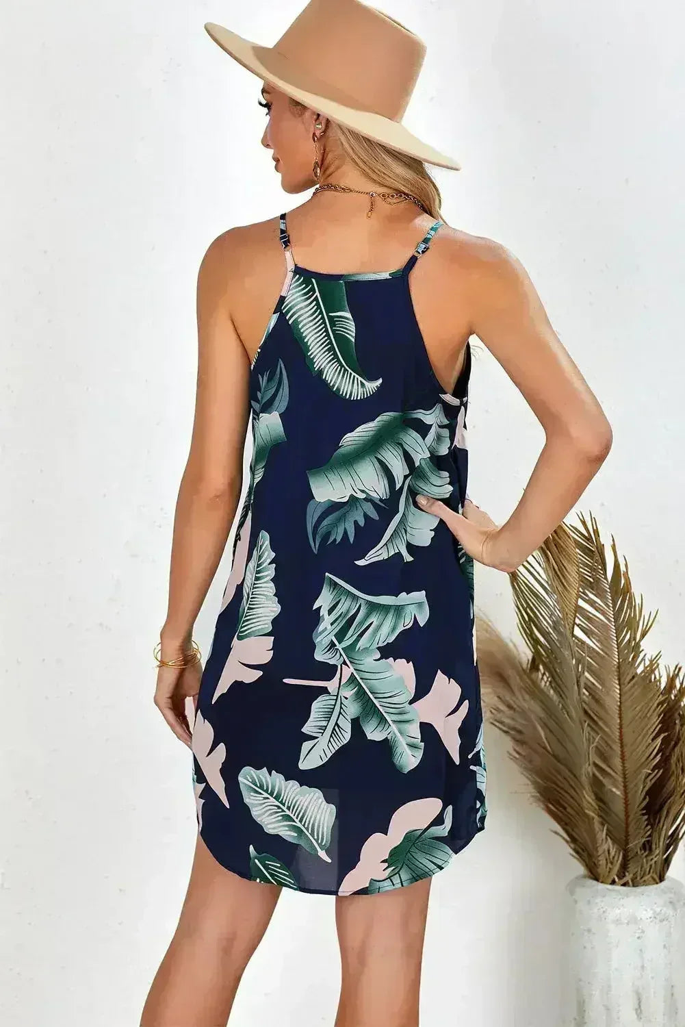 Palm Tree Leaf Print Navy Sleeveless Short Dress - Femstylo