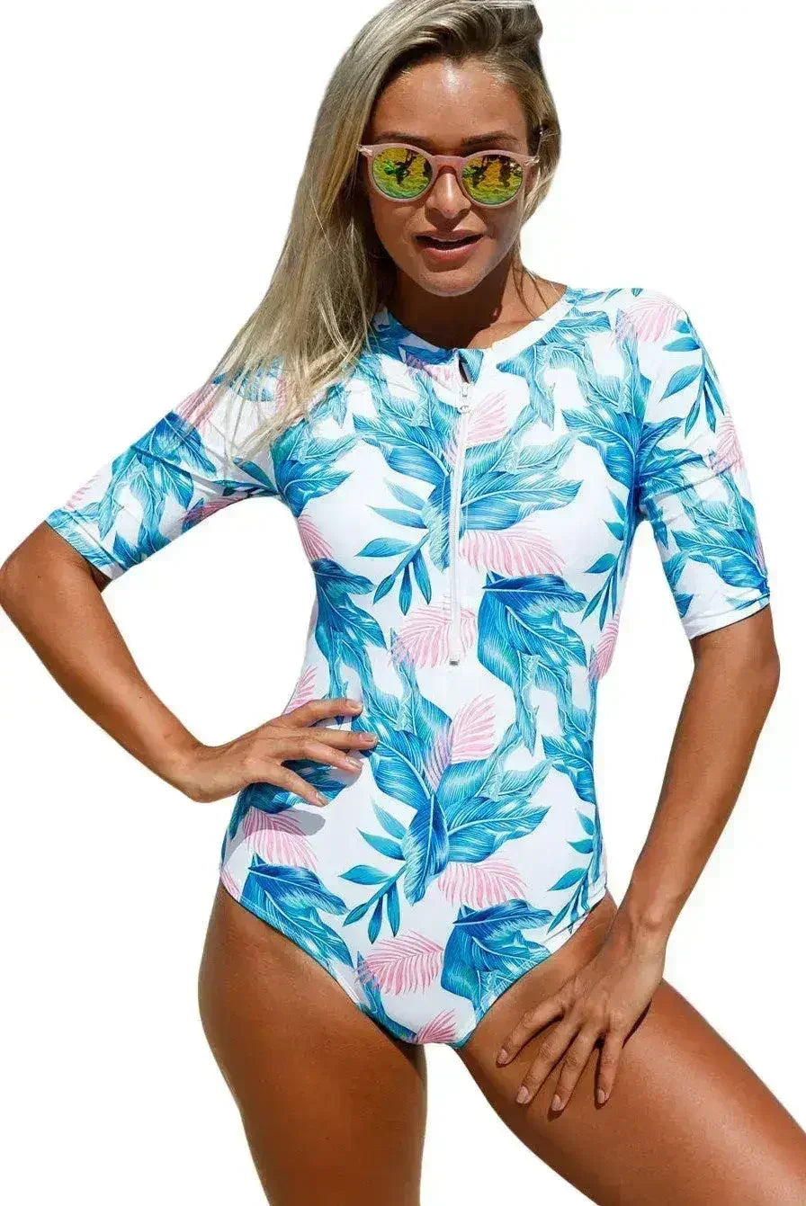 Leaves Zip Front One Piece Swimsuit - Femstylo