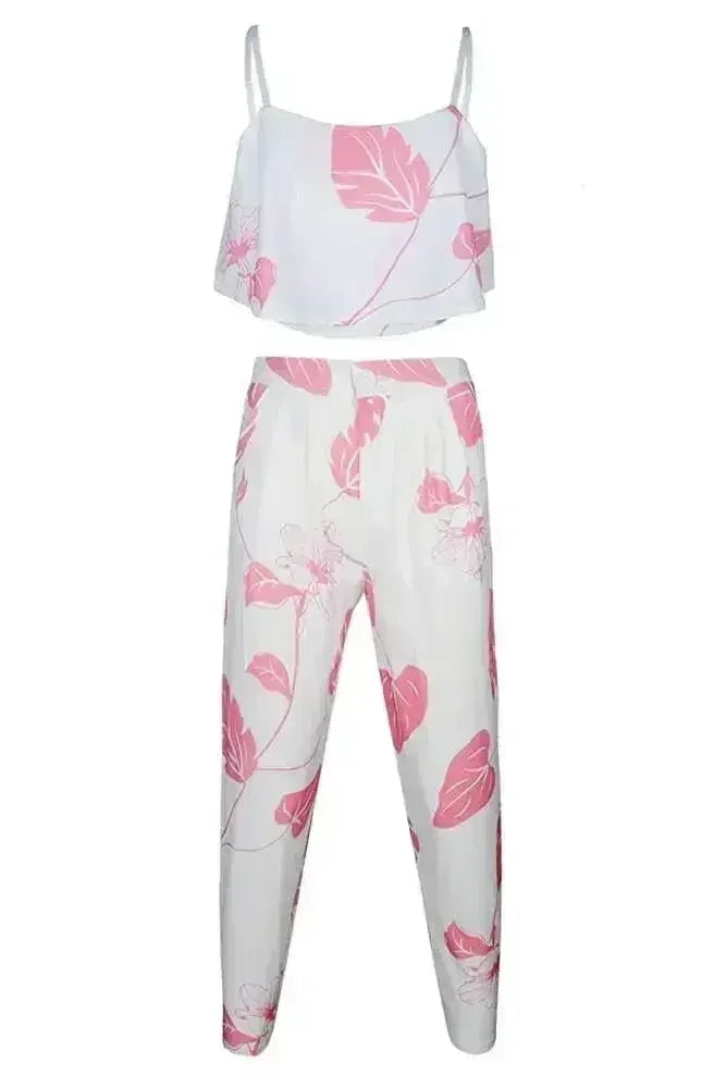 Pink Mottled Print Flounced Crop Top and Pant Set - Femstylo