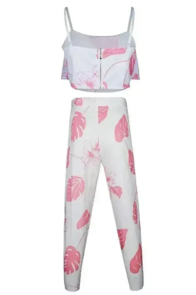 Pink Mottled Print Flounced Crop Top and Pant Set - Femstylo