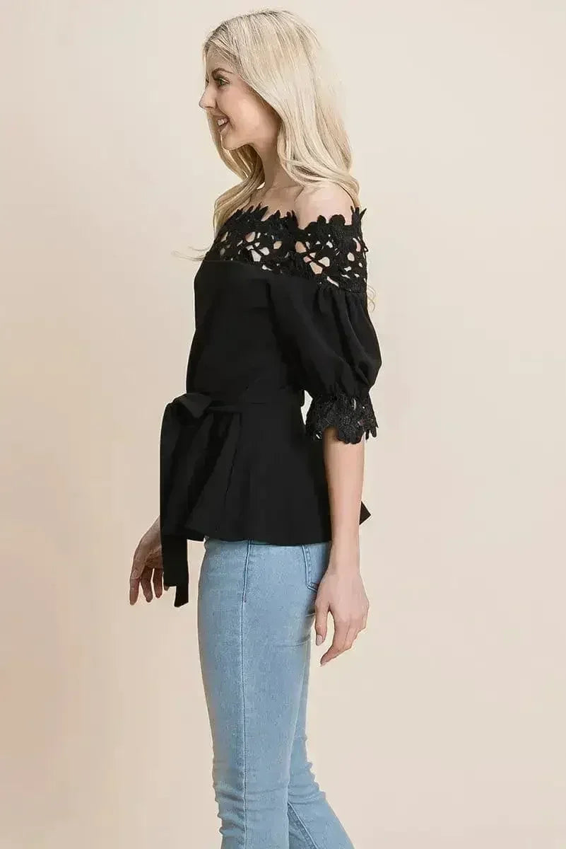 Lace Crochet Self Belted Off The Shoulder Tops with Back Zipper - Femstylo