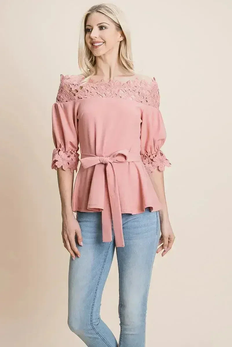 Lace Crochet Self Belted Off The Shoulder Tops with Back Zipper - Femstylo