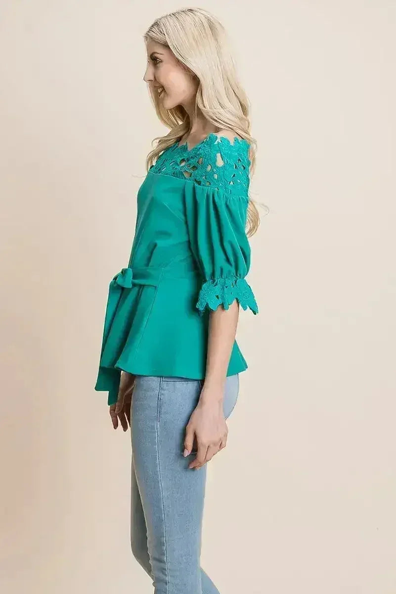 Lace Crochet Self Belted Off The Shoulder Tops with Back Zipper - Femstylo