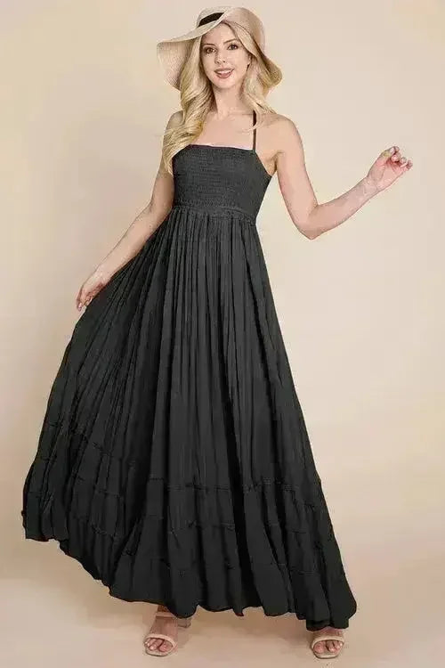 Smocked Flowy Boho Pleated Backless Maxi Dress - Femstylo