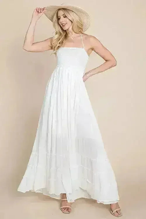 Smocked Flowy Boho Pleated Backless Maxi Dress - Femstylo
