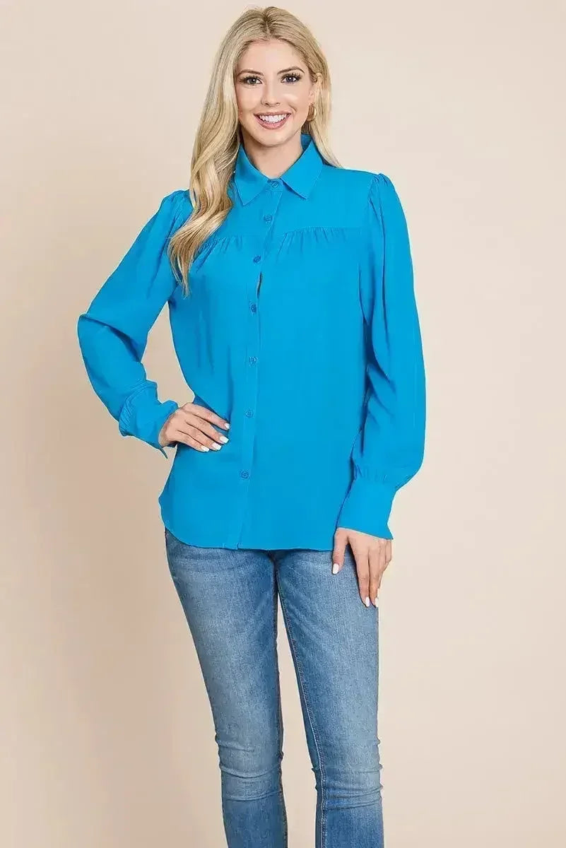 Collared Long Sleeve Pleated Detail Blouse Tops | Femstylo - Femstylo