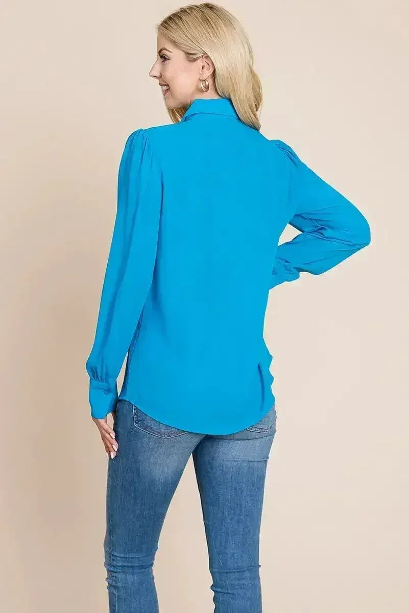 Collared Long Sleeve Pleated Detail Blouse Tops | Femstylo - Femstylo