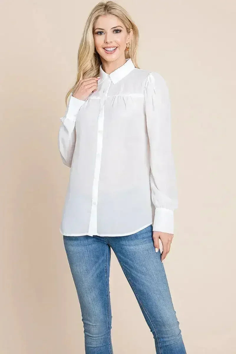 Collared Long Sleeve Pleated Detail Blouse Tops | Femstylo - Femstylo