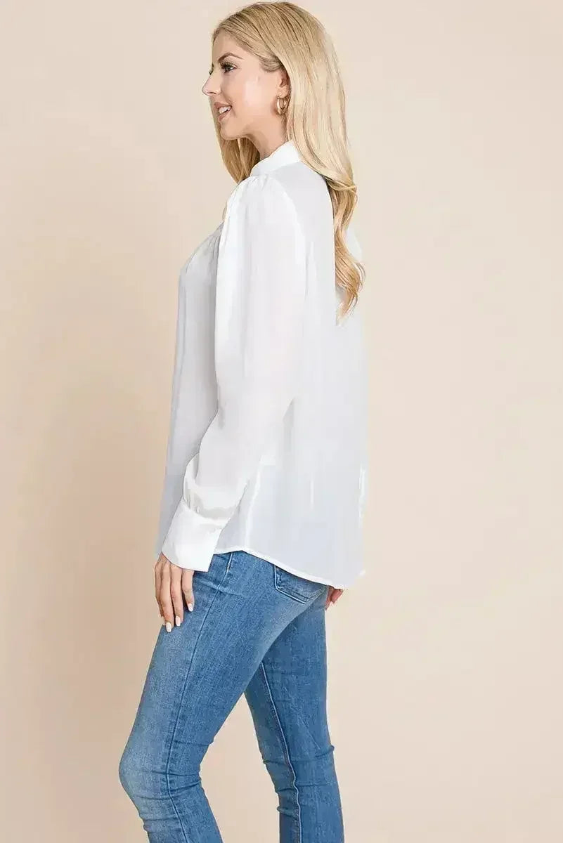 Collared Long Sleeve Pleated Detail Blouse Tops | Femstylo - Femstylo