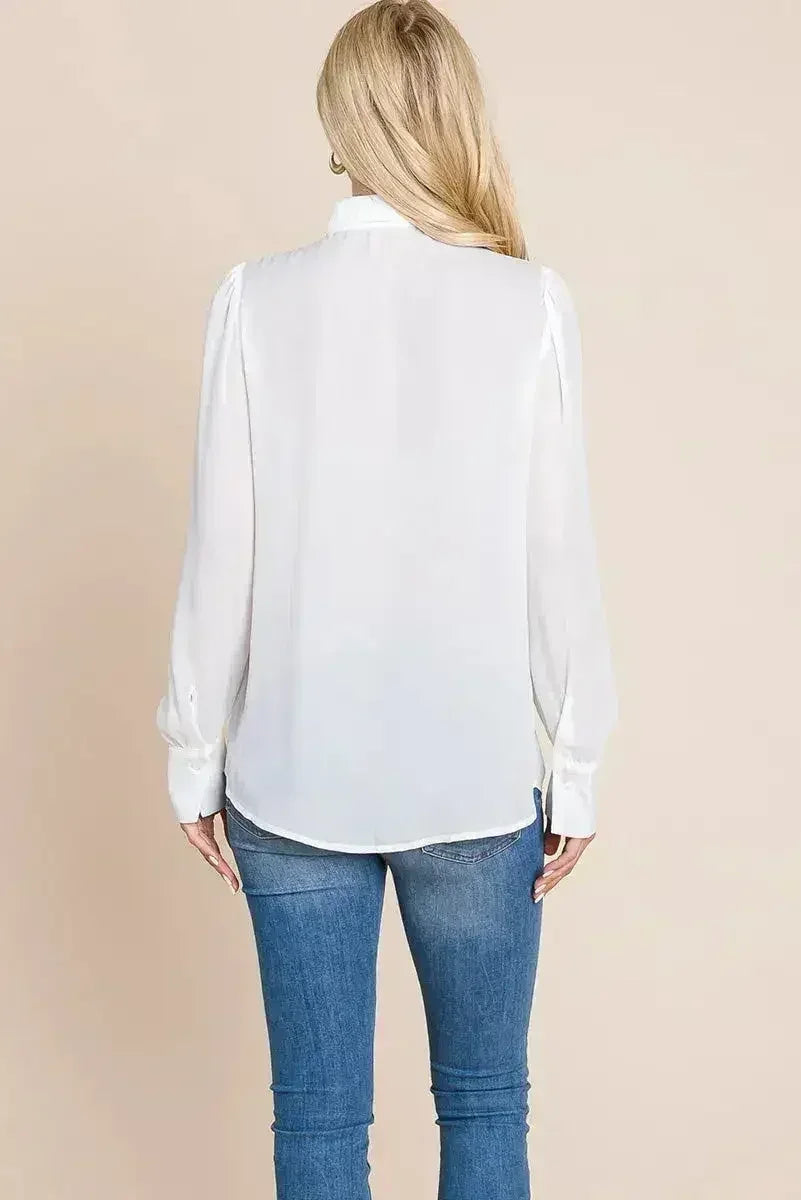 Collared Long Sleeve Pleated Detail Blouse Tops | Femstylo - Femstylo