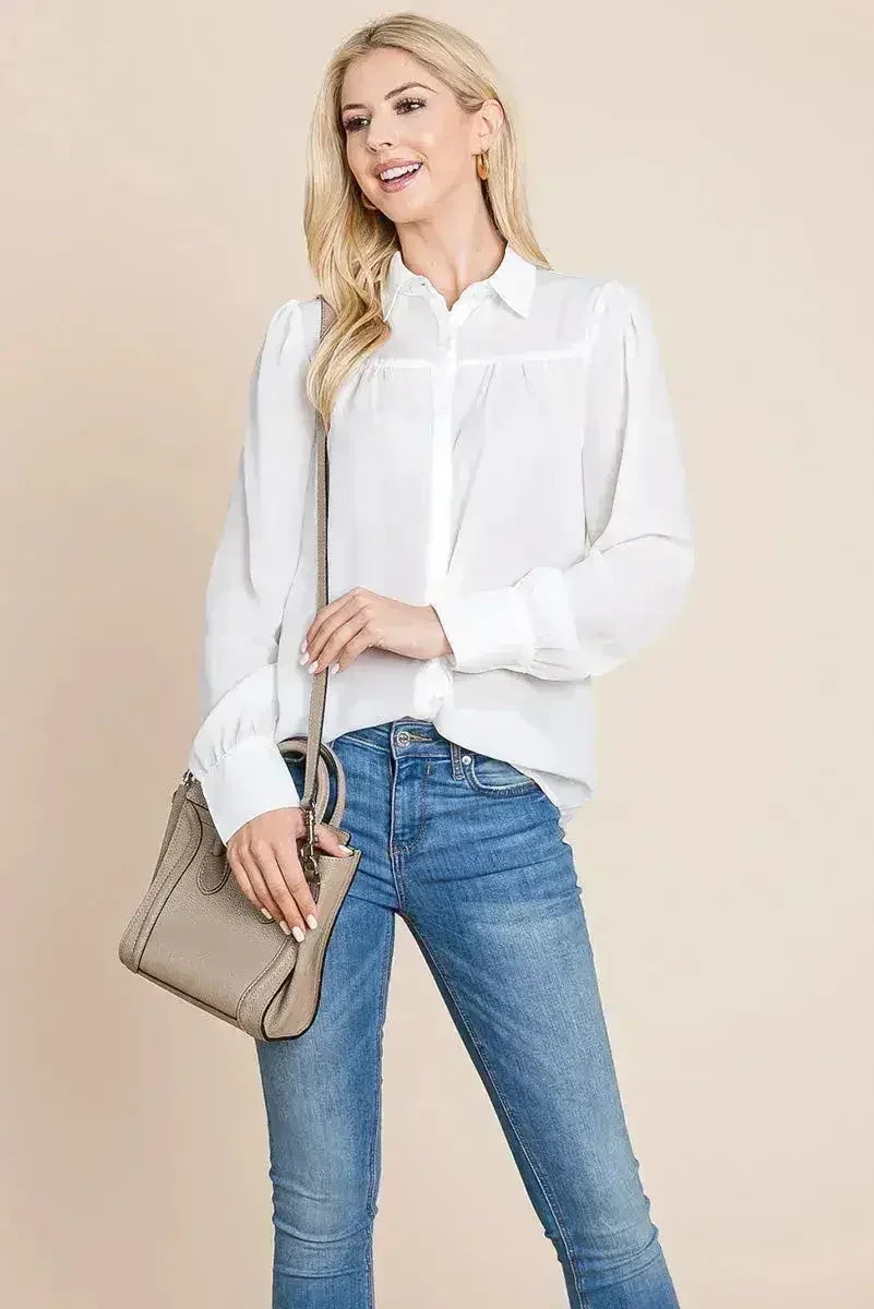 Collared Long Sleeve Pleated Detail Blouse Tops | Femstylo - Femstylo