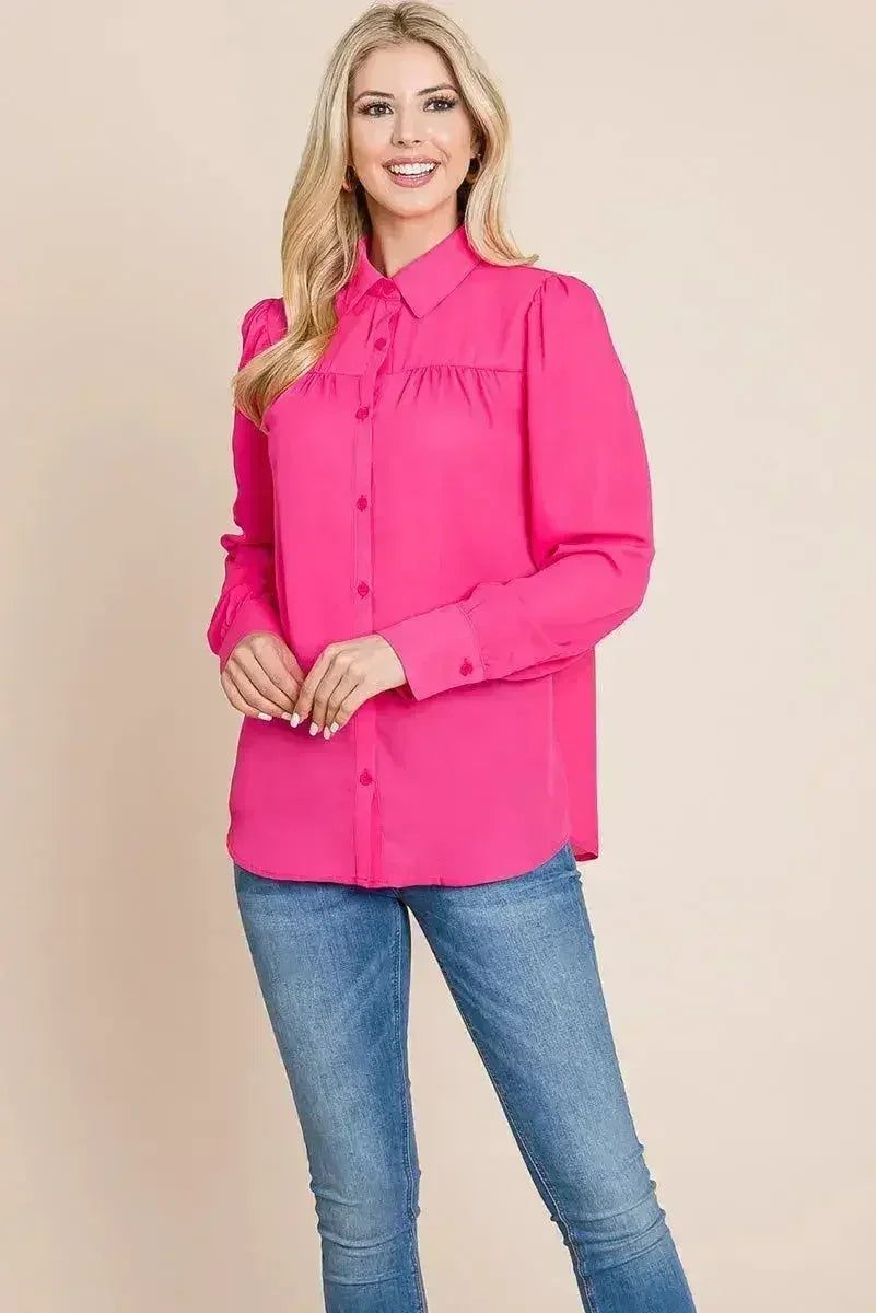 Collared Long Sleeve Pleated Detail Blouse Tops | Femstylo - Femstylo