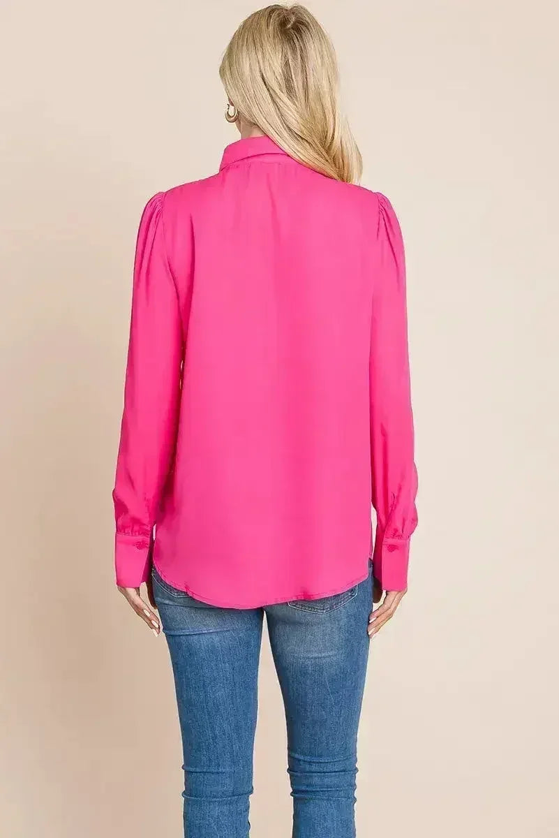 Collared Long Sleeve Pleated Detail Blouse Tops | Femstylo - Femstylo