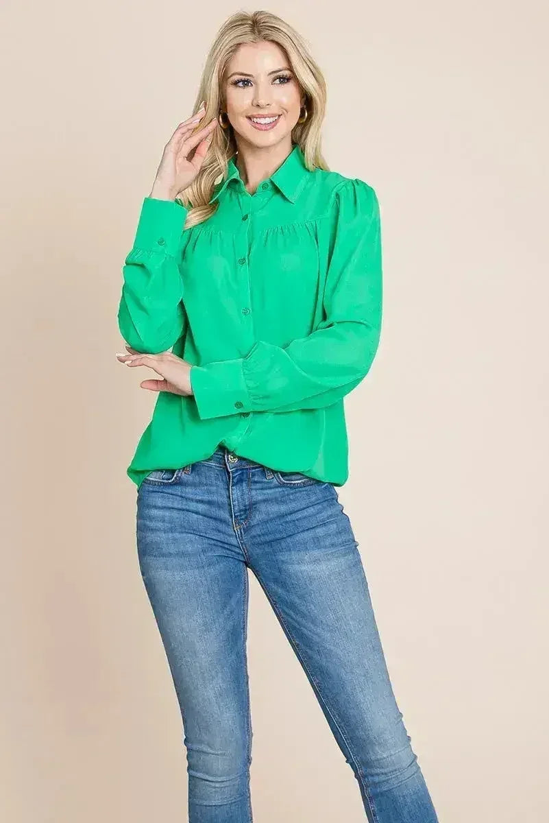 Collared Long Sleeve Pleated Detail Blouse Tops | Femstylo - Femstylo