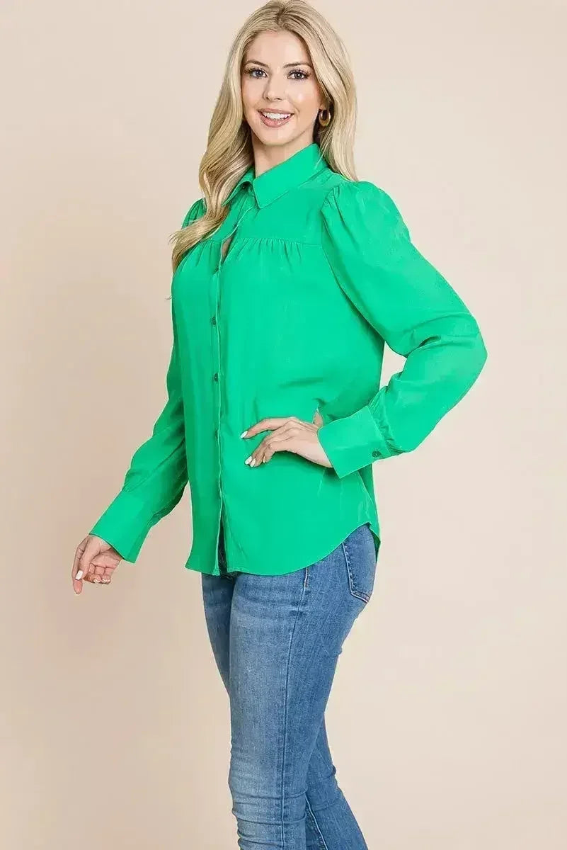 Collared Long Sleeve Pleated Detail Blouse Tops | Femstylo - Femstylo