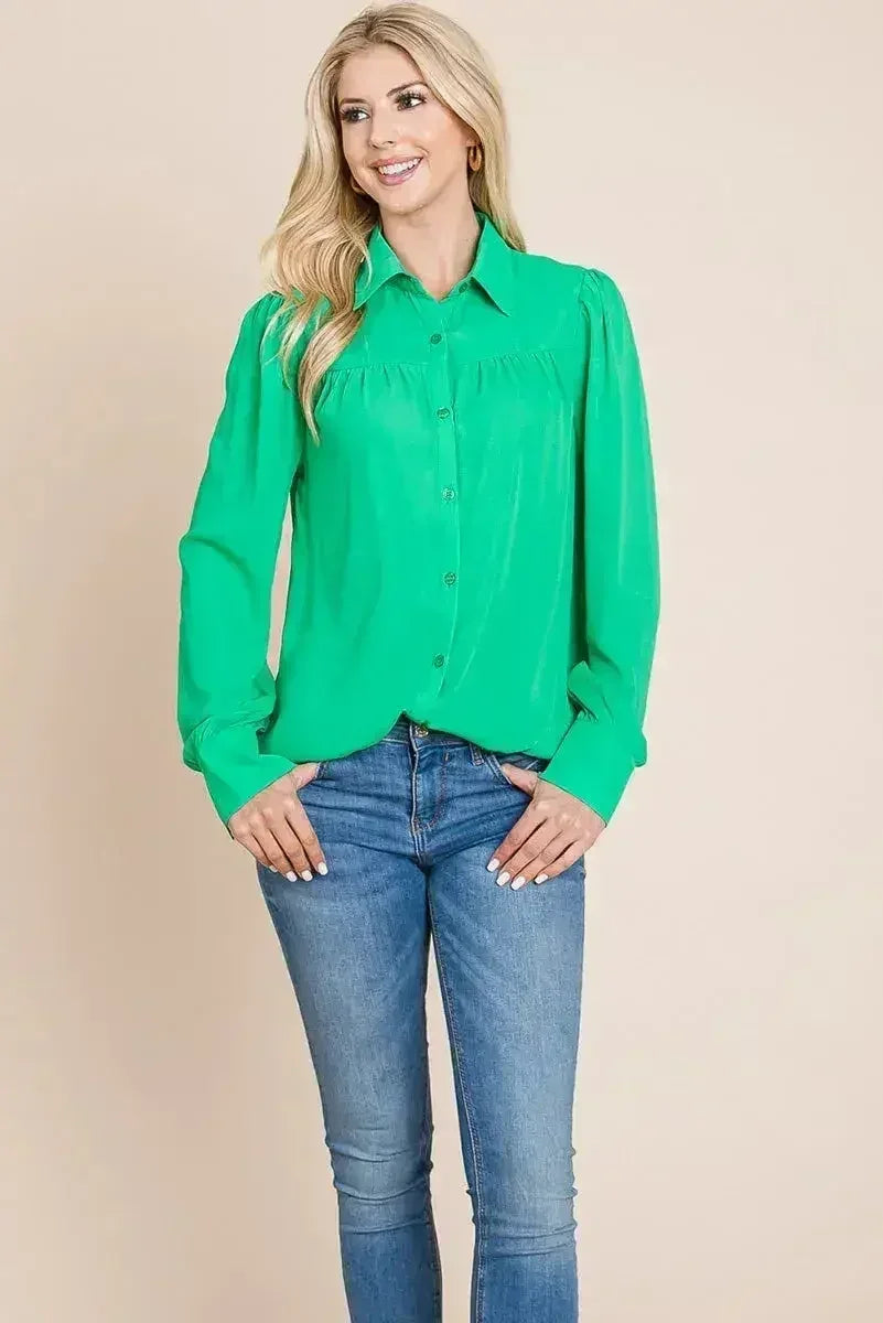 Collared Long Sleeve Pleated Detail Blouse Tops | Femstylo - Femstylo