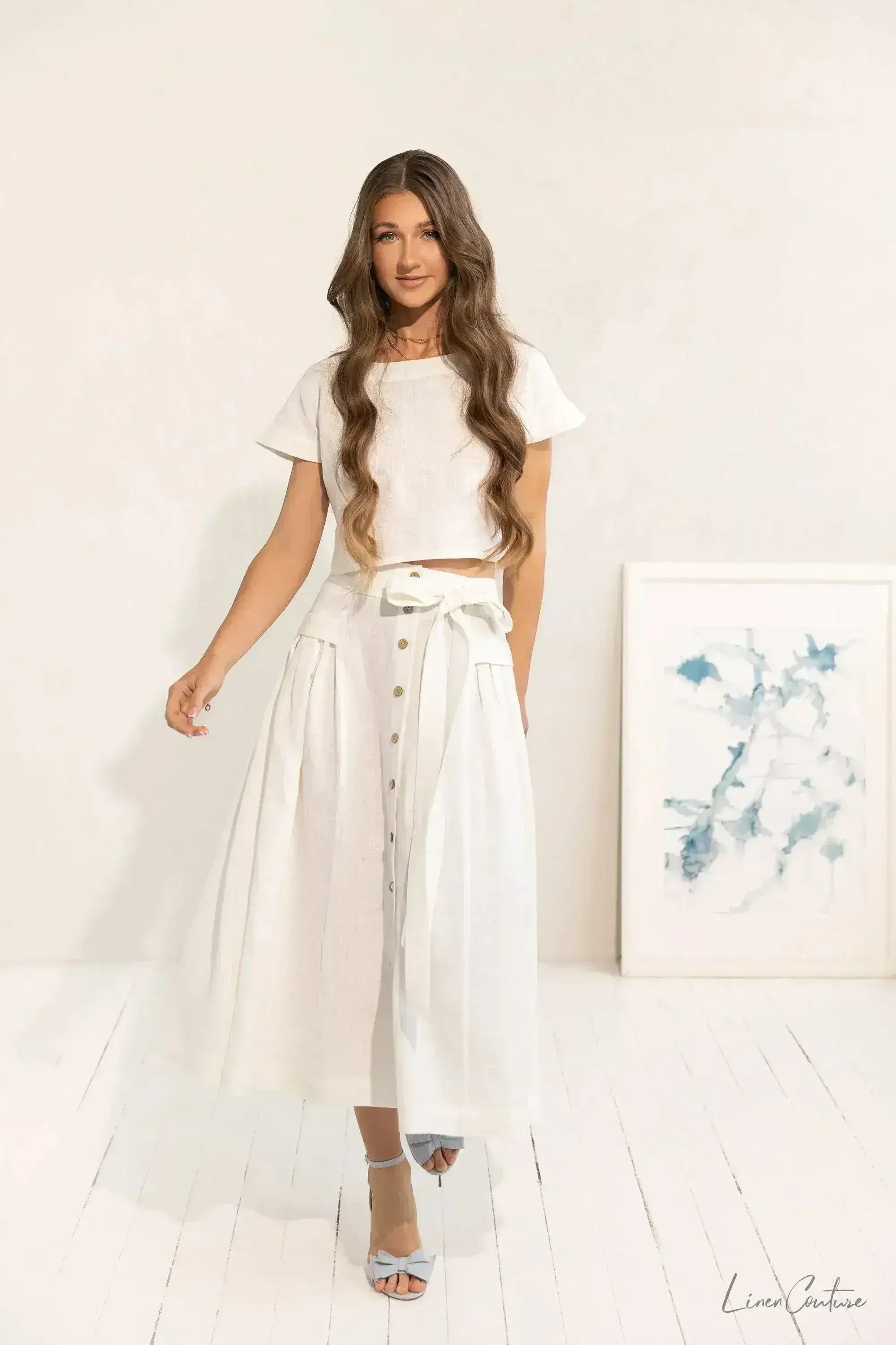 Taormina Set | Linen Crop Top and Flared Midi Skirt - Femstylo