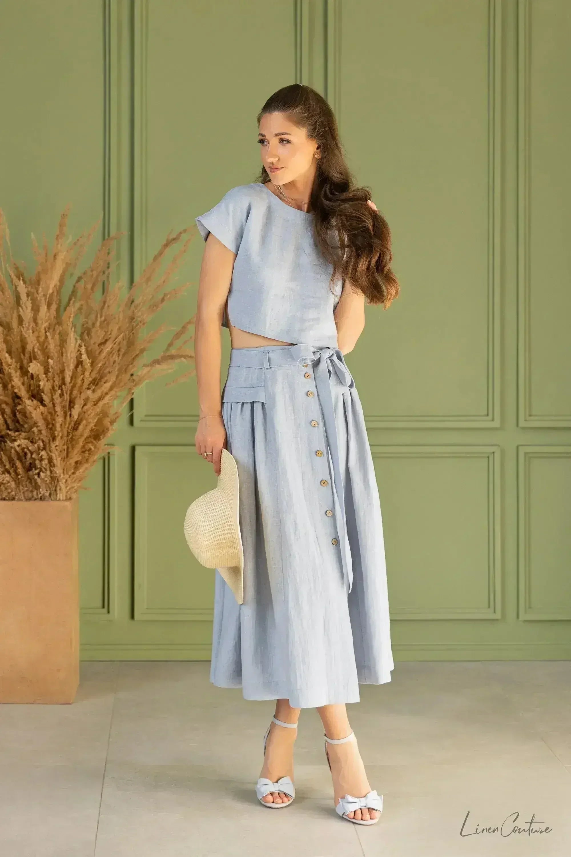 Taormina Set | Linen Crop Top and Flared Midi Skirt - Femstylo