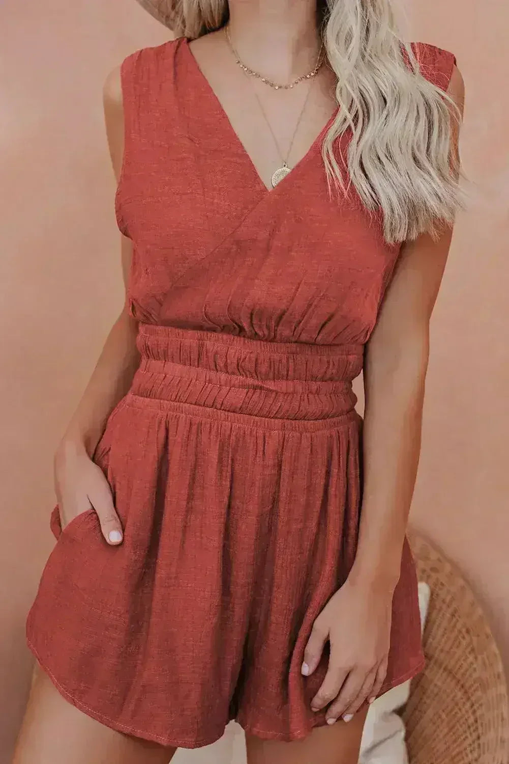 Red Smocked Pocketed Sleeveless V Neck Romper - Femstylo