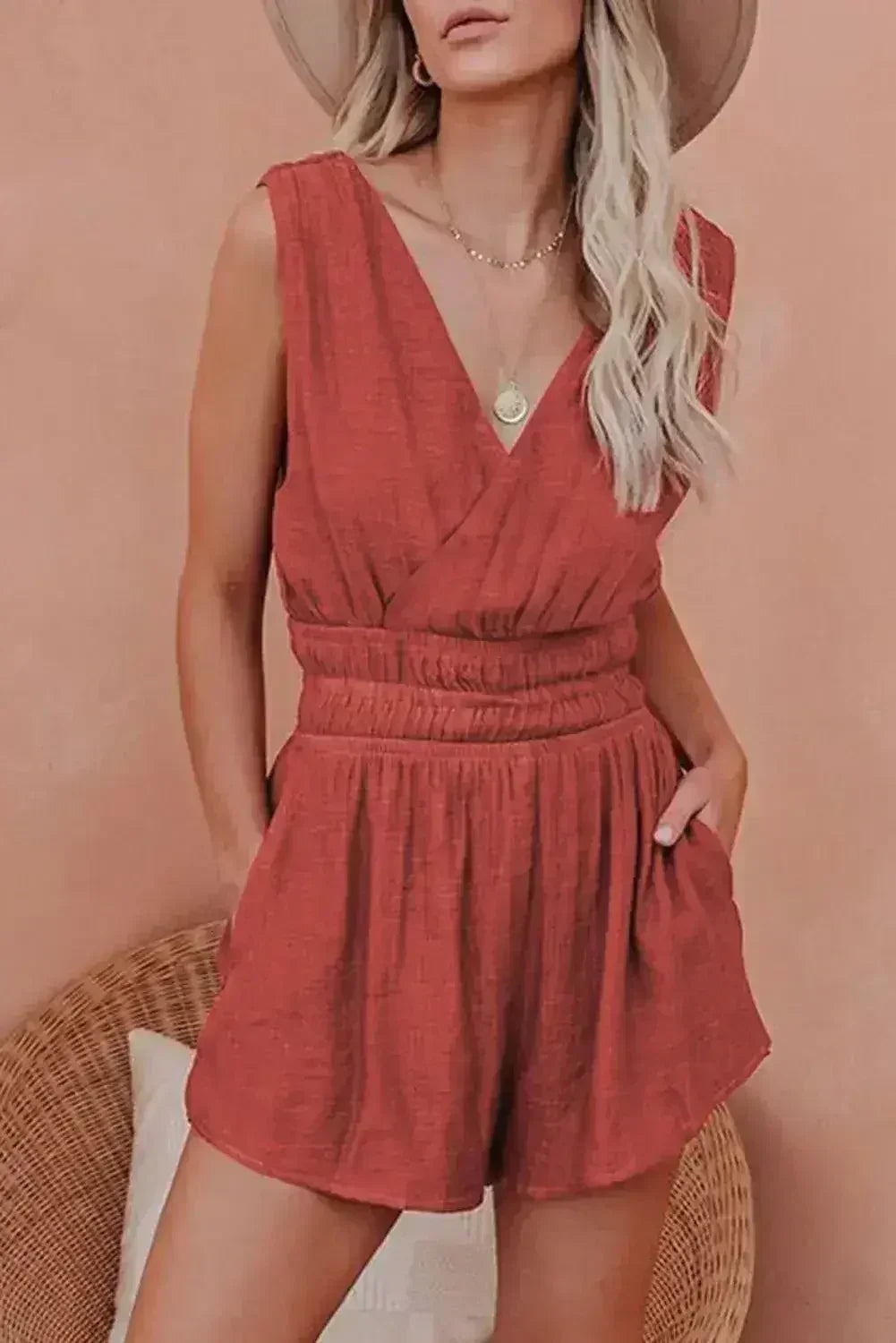 Red Smocked Pocketed Sleeveless V Neck Romper - Femstylo