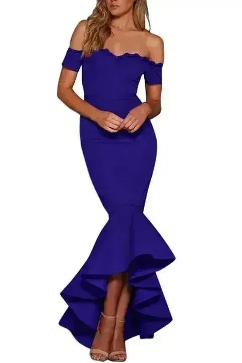 Royal Blue Lace Trim Off Shoulder Fishtail Party Dress - Femstylo