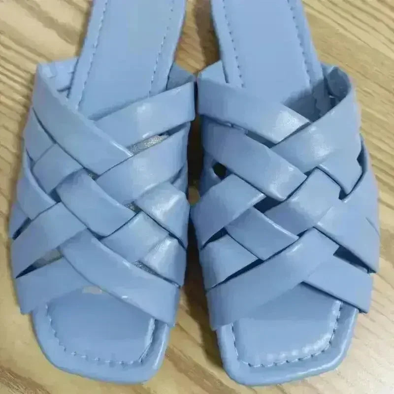 Summer Casual Outdoor Leather Flat Women Slippers Blue/Pink/Beige - Femstylo