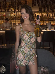 Colorful Rhombus Sequins Sexy Mini Dress Elegant Chic Straps Slit Bodycon Party Dresses Summer Holidays Evening Women Dress 2025