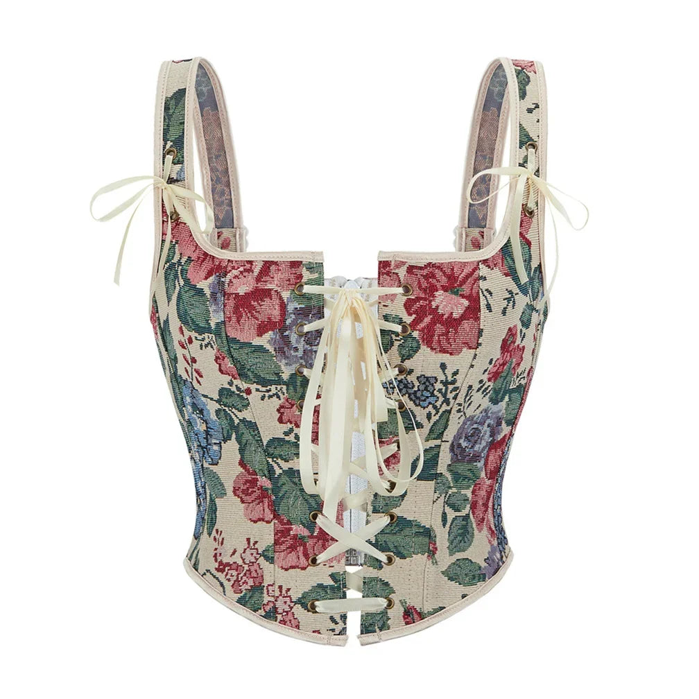 Womens Corsets Floral Lace Up Bustiers Shoulder Strap Corsets Jacquard Bustier Casual Outfits Medieval Renaissance Costumes