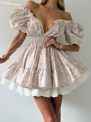 Clacive Summer Slim Print Women's Dress Fashion Slash Neck Short Sleeve Mini Dresses Elegant High Waist Patchwork Female Dress