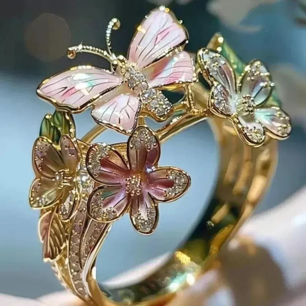 Aesthetic Flower Butterfly Rings for Female Romantic Rhinestone Stylish Non-fading Opening Ring Women Wedding Jewelry Party Gift