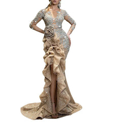 Women Elegant Luxurious Gold Sequins Evening Dress Sheer Sleeve Round Neck Ruffle Irregular Sexy High Split Wedding Maxi Dresses