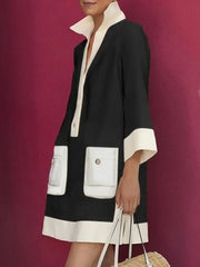 Yeezzi Women Shirts Dress 2025 New Spring Long Sleeve Fashion Contrast Color Pockets Buttoned Elegant Party Evening Mini Dresses