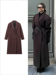 TRAF Women Fashion Solid Color Wool Lengthened Coat Elegant Warm Street Coat Autumn and Winter Retro Pocket Double-Breasted Coat