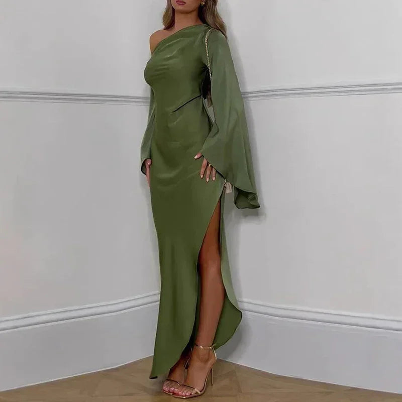 Sexy Oblique Shoulder Solid Irregular Dress Women Elegant Skew Collar Backless Long Dress Autumn Flare Sleeve Slit Party Dresses