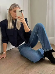 TRZA Women Fashion With Pockets Bomber Jacket Coats Vintage Long Sleeve Front Button Casual Female Outerwear Chic Tops