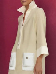 Yeezzi Women Shirts Dress 2025 New Spring Long Sleeve Fashion Contrast Color Pockets Buttoned Elegant Party Evening Mini Dresses