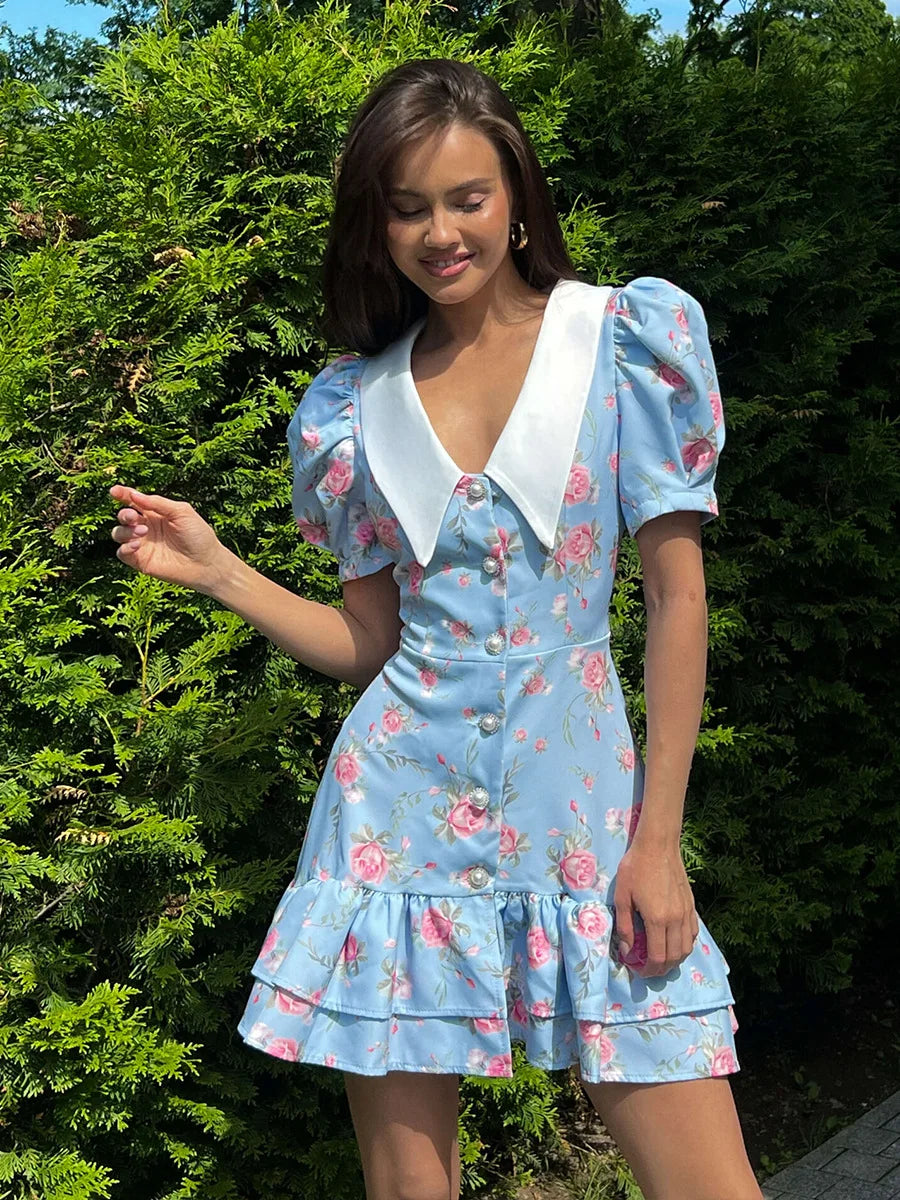 Puff Sleeve V-Neck Mini Dress | Printed Ruffled Pearl Button Dress - Femstylo