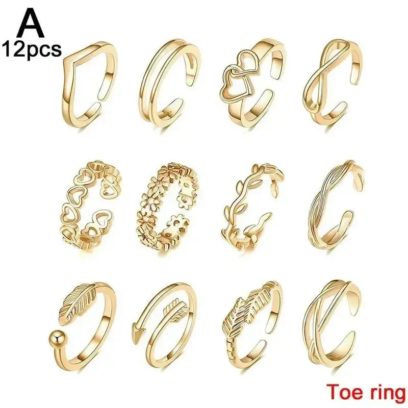 12pcs Adjustable Toe Rings For Women Girls Simple Beach Open Toe Set Cute Heart Feather Summer Toe Foot Jewelry