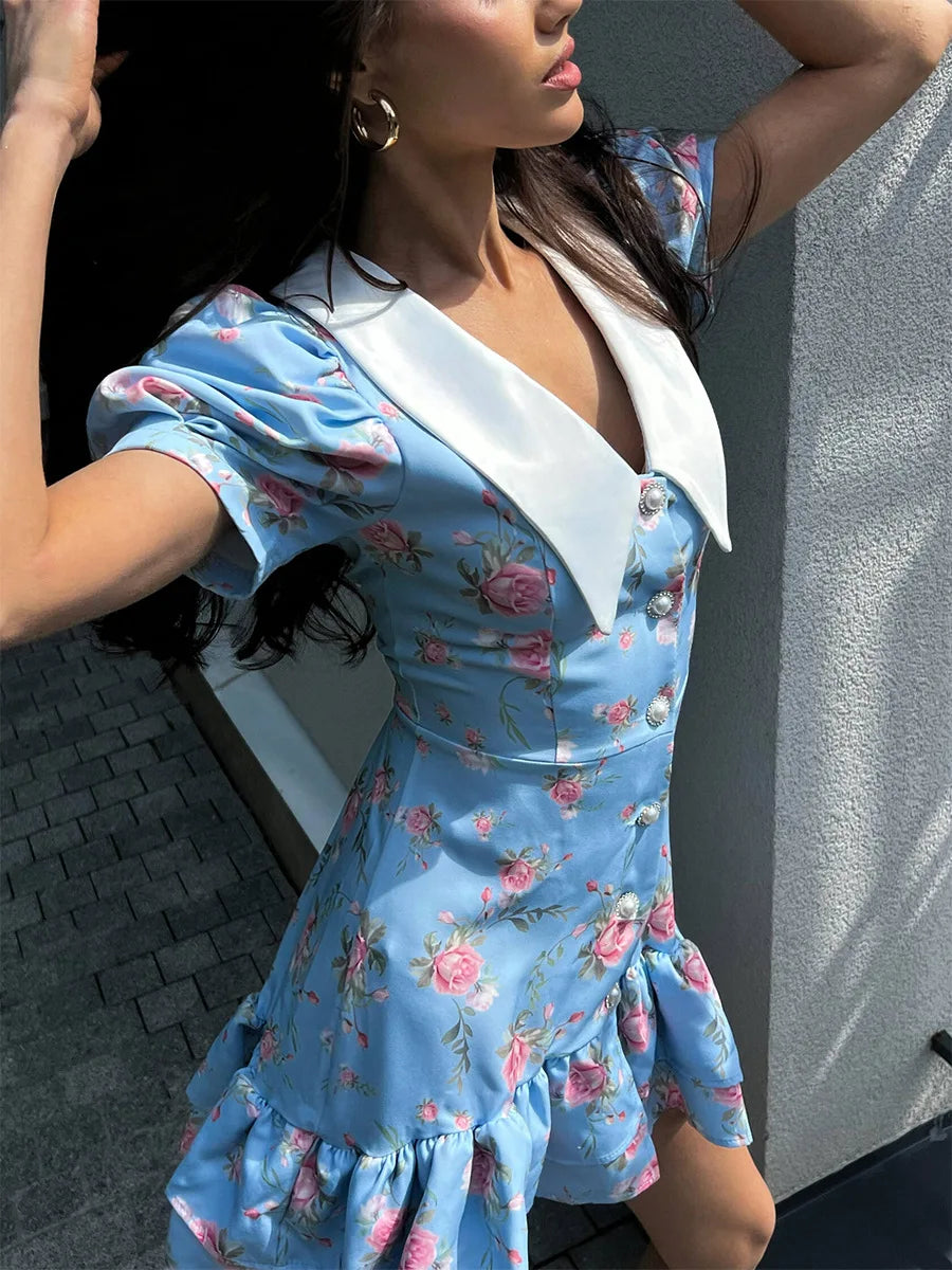 Puff Sleeve V-Neck Mini Dress | Printed Ruffled Pearl Button Dress - Femstylo