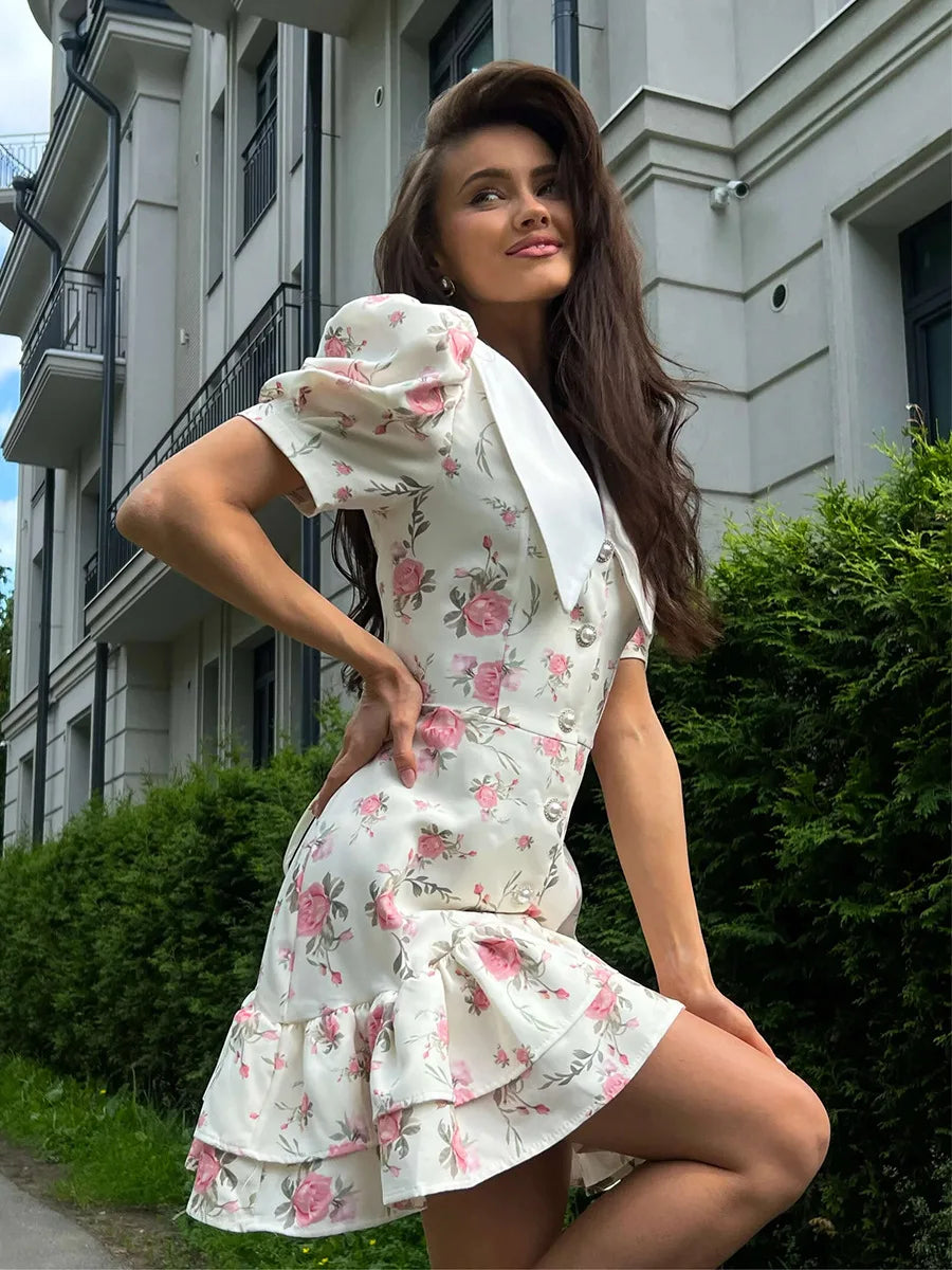 Puff Sleeve V-Neck Mini Dress | Printed Ruffled Pearl Button Dress - Femstylo