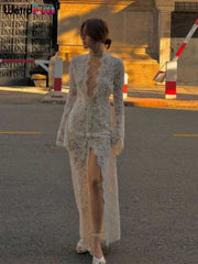 Weird Puss Embroidery Ruffles Dress Women Sexy Deep V-Neck Slits See Through Solid Tassel Petal Cuffs Street Elegance Vestidos