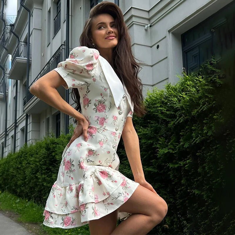 Puff Sleeve V-Neck Mini Dress | Printed Ruffled Pearl Button Dress - Femstylo