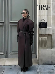 TRAF Women Fashion Solid Color Wool Lengthened Coat Elegant Warm Street Coat Autumn and Winter Retro Pocket Double-Breasted Coat